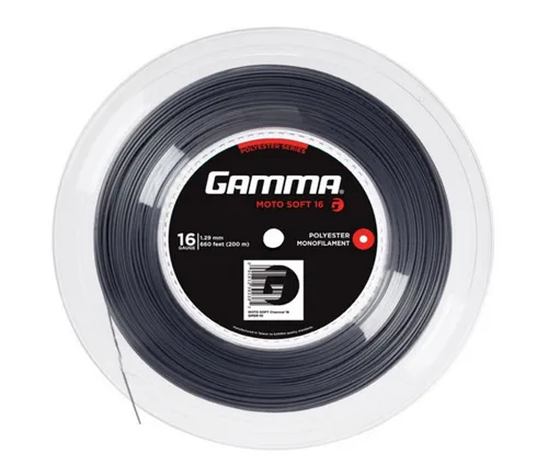 Gamma Tennissaite Moto Soft 200m Rolle - Tennissaiten mit verbesserter Schlaggefühl und hoher Armschonung dank spezieller Molekularstruktur. Ideal für präzise Schläge und hohen Spannungserhalt.