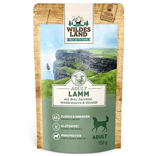 Wildes Land - Nassfutter Pouches - Nr. 1 Lamm - 8 x 150 g - mit Reis, Zucchini, Wildkräutern & Distelöl - Glutenfrei - Extra viel Fleisch - Beste Akzeptanz und Verträglichkeit