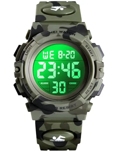 Alienwork Seven-Color LED Digital Kinderuhr Jungen Mädchen Camouflage grün Kautschuk-Armband Kalender Mehrfarbig Chronograph Sportlich Multi-Funktion