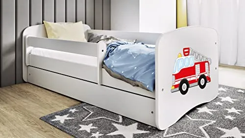 Bjird Kinderbett Jugendbett 70x140 80x160 80x180 Weiß mit Rausfallschutz Schublade und Lattenrost Kinderbetten für Mädchen und Junge - Feuerwehr 140 cm
