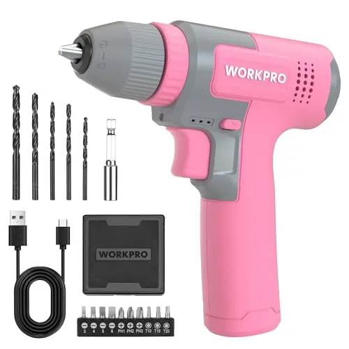 WORKPRO 8V Akku Bohrschrauber Set, Akkuschrauber, 2000 mAh Akku Bohrmaschine, 12 Nm Drehmoment, 10mm Bohrfutter, LED-Licht, Komplettes Zubehörset, Für Hausreparaturen & DIY, Rosa & Grau