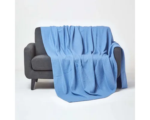 Plaid Waffeldecke aus 100% Bio-Baumwolle in Blau, 125 x 150 cm - Plaids aus 100% Bio-Baumwolle, stilvolles Waffelmuster für gemütliche Akzente in jedem Raum.