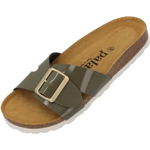Palado Pantoletten Damen Tinos - bequeme Sandalen Made in Spain - elegante Hausschuhe mit Kork-Fußbett - modische Sommerschuhe Khaki Lack UK3,5 - EU36