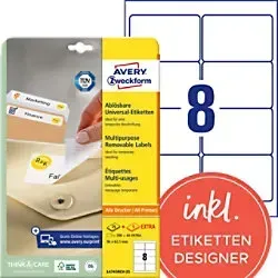 AVERY Zweckform L4745REV-25 Ablösbare Universaletiketten DIN A4 Weiß 96 x 63,5 mm 30 Blatt à 8 Etiketten