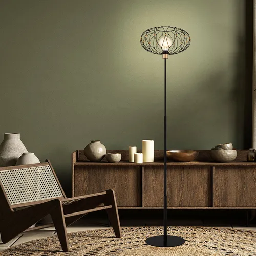 Elegante LED Stehlampe goldfarben mit Fußschalter - Stehleuchte im industriellen Design aus goldfarbenem Metall und Metallgeflecht, 1x 8W LED, 1055 Lumen, ideal für stilvolle Akzente in Wohnzimmer und Leseecken.