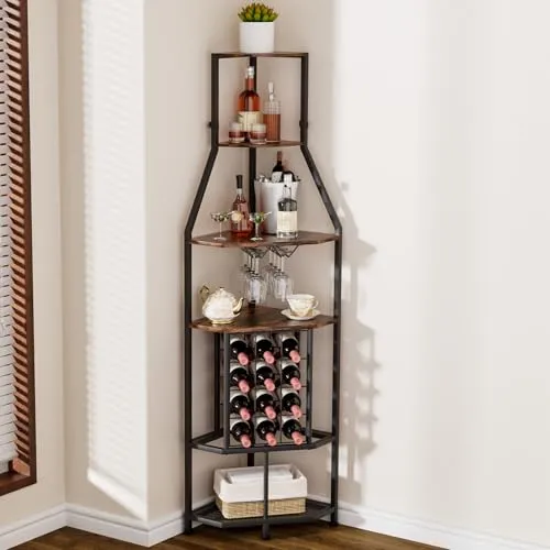 Yorbay 5-Stöckiges Freistehendes Weinregal für die Ecke: Eck-Weinregal mit Glashalter und Weinflaschenhalter - Industrielles Barregal aus Metall-Holz für Bar Küche Esszimmer