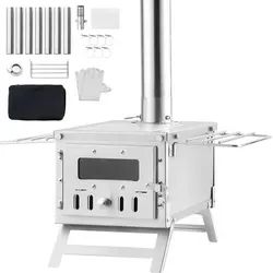SucceBuy 80-Zoll-Campingzeltofen aus Edelstahl, tragbarer Holzofen mit 700 Zoll3 Feuerraum, 8 Kaminrohren und Handschuhen, heißer Zeltofen zum Ko...