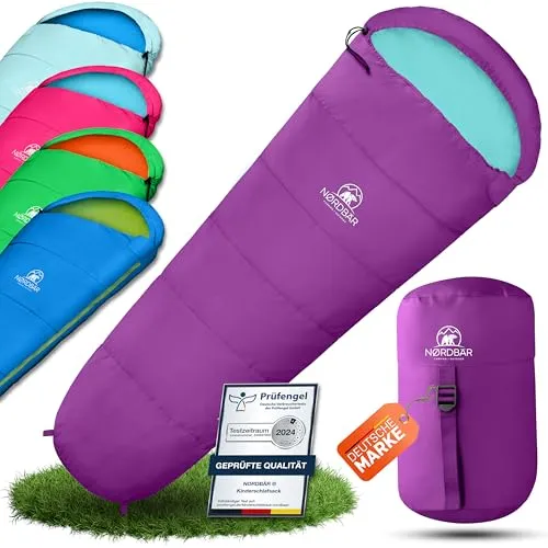 NORDBÄR® Kinderschlafsack für Kinder bis 145 cm | Leicht & warm für Outdoor Abenteuer - Kompakter Mumienschlafsack für Kinder, ideal für Reisen und Camping. Mit nur 1200 g und einem Packmaß von 35 x 20 cm ist er perfekt für unterwegs. Hochwertiges Material sorgt für angenehme Nächte bei 5 bis +15 °C.