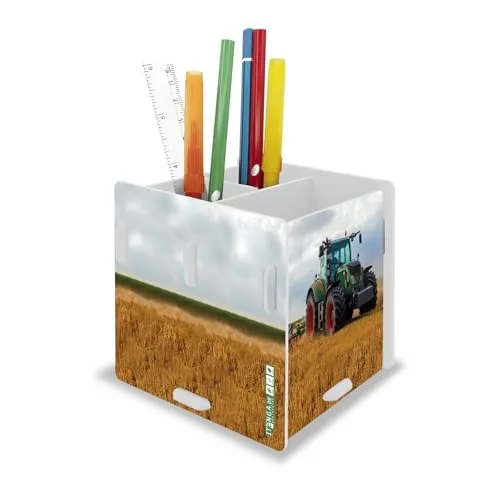 itenga Stifteköcher mit Motiv zum Zusammenstecken - 3 Fächer - Stiftehalter Kinder Schüler Schreibtisch Organizer Stiftebox - 10x 10 x 9,5cm (Motiv Traktor)