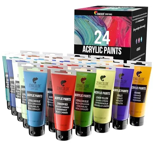 Zenacolor Acrylfarben Set – 24 Tuben 120 ml | 24 Farbtöne | Wasserbasierte, ungiftige Farben für Leinwand, Holz, Papier & Bastelbedarf | Künstlerbedarf für Erwachsene