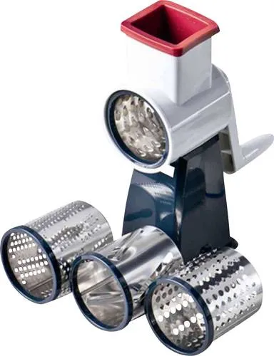 Westmark Reibemaschine mit 4 Schneidtrommeln - Gemüsehobel & - schneider mit 4 austauschbaren Trommeleinsätzen für grobes, mittleres und feines Reiben. Hochwertige Edelstahlklingen und Sicherheitsfüllstößel sorgen für müheloses Zerkleinern von Obst, Gemüse und mehr.