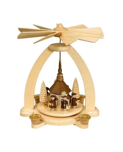 Volkskunstwerkstatt Unger Weihnachtspyramide Kurrende Seiffener Kirche - Handgefertigte Weihnachtspyramide aus massivem Eschenholz, 26 cm hoch, mit drehenden Kurrendesängern und Seiffener Kirche – ein zeitloses Qualitätsprodukt aus dem Erzgebirge.