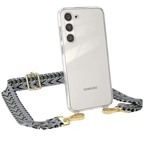 EAZY CASE Handykette - Verstellbarer Trageriemen kompatibel mit Samsung Galaxy S23 Plus, Schulterriemen, dünner Riemen, Handykordel mit Hülle, Schultertasche, Lila/Grün - Clip Gold
