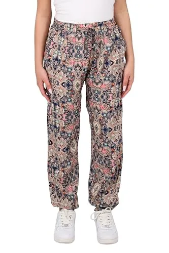 Easy Young Fashion Damen Sommerhose - Florale Freizeithose mit elastischem Bund - Lange Boho Hose - Strandhose Stoffhose aus Baumwolle 777 - (Coral-Blau)