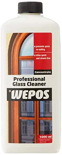 Wepos Glasreiniger Profi Konzentrat 1L - Reinigungsmittel mit Abperleffekt für streifenfreien Glanz auf Glas und Spiegeln. Entfernt hartnäckige Verschmutzungen und sorgt für schnell abtrocknende Oberflächen. Made in Germany.