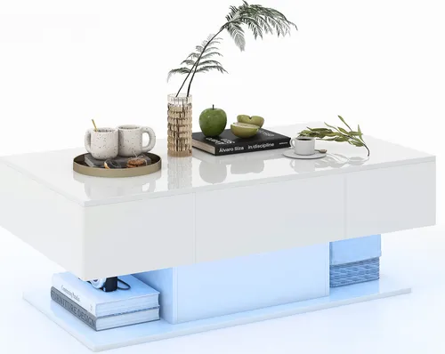 COSTWAY Couchtisch mit LED Beleuchtung Helligkeit einstellbar, Wohnzimmertisch mit 2 Schubladen, Kaffeetisch 110x60x40 cm Weiß