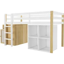 Kinderhochbett,multifunktionales Kinderbett,Kinderbett mit 2 Aufbewahrungsschrank und Leiter,ohne Matratze
