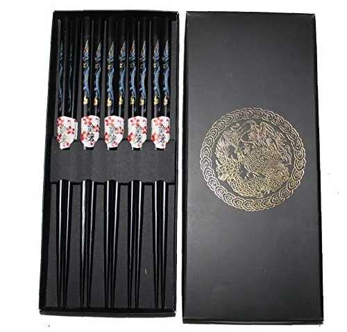 AAF Nommel®, Asia Essstäbchen Geschenkset 5 Paar aus Holz, schwarz, Design Drache, Nr. 045