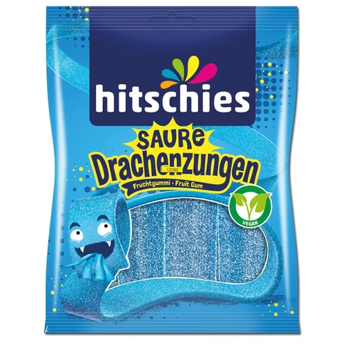 Hitschler Saure Drachenzungen Blau, Fruchtgummi - Fruchtgummis/Lakritze, veganes, saures Fruchtgummi in Form von bunten Drachenzungen mit fruchtigem Himbeergeschmack – ideal für alle Gelegenheiten!