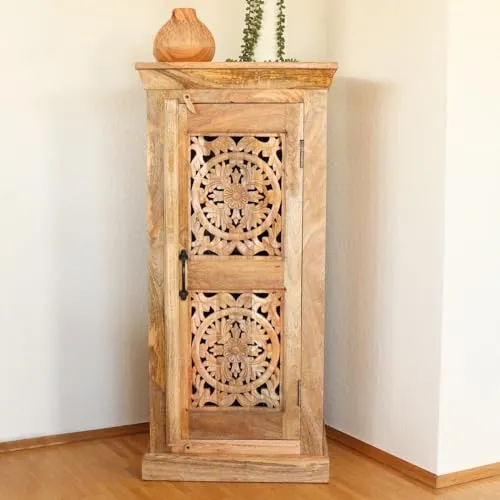 Indische Kommode Kleiner Schrank aus Mangoholz mit Schnitzerei Orientale Einrichtung Flurschrank Natur 107cm