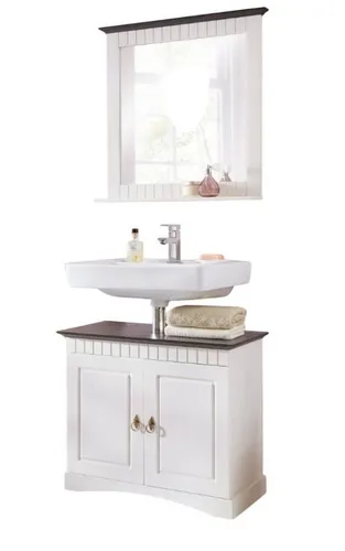 Clever-Möbel Badmöbel-Set im Landhausstil - Elegantes Badmöbel-Set aus Kiefernholz in Weiß und Braun, inklusive Waschbeckenunterschrank, Hochschrank und Spiegel. Ideal für eine stilvolle und funktionale Badezimmergestaltung.