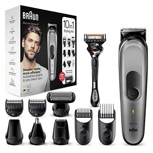 Braun Multi-Grooming-Kit 7 - 10-in-1 Barttrimmer - Gesichtshaartrimmer mit 8 Aufsätzen für präzises Trimmen von Kopf- und Körperhaaren. Lebenslang scharfe Klingen und 100% wasserdicht für müheloses Styling.