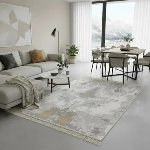 Fashion4Home Boho Kelim Teppich Läufer - Abstract-Grau-Gold, 160x230 cm - Vielseitiger Teppichläufer mit wendbarem Design für individuelle Raumgestaltungen. Umweltfreundlich aus recycelten Materialien, ideal für jedes Zimmer.