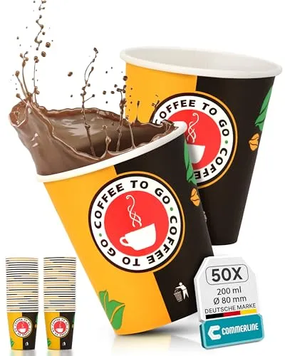 Commerline 50 Stück 8oz/200ml Kaffeebecher to go | Pappbecher Cups Coffee to Go Becher | Kaffee to+go Papierbecher Hartpapier Einwegbecher | Einweg Becher für Kafee/Tee