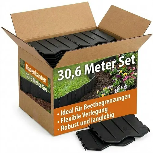 BURI Rasenkante Kunststoff 30,6 m Set – Flexible Beetumrandung - Gestalten Sie Ihren Garten mit der flexiblen Rasenkante aus recyceltem Material! Wetterfest und frostsicher, ideal für saubere Abgrenzungen zwischen Rasen und Beeten. Einfache Montage ohne Graben, passt sich jeder Form an.