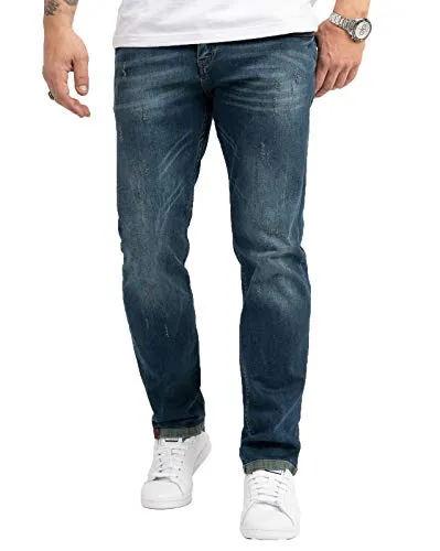 Indumentum Jeans Herren Regular Fit Hose Männer Jeans Hosen Herrenjeans Denim Herrenhose Mens Pant Herrenhose Used-Look Blau IR-504 W33 L32