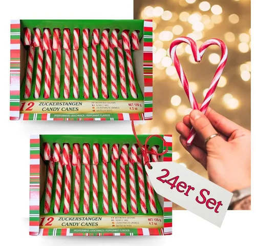 Bada Bing Hänge-Weihnachtsbaum Deko Zuckerstangen Essbar Candy Canes Baumschmuck Weihnachtsdeko (24er Set rot/weiß, 24 St., Süßigkeit), Pfefferminz