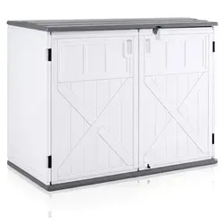 COSTWAY Gartenschrank wetterfest, Geräteschrank mit verstellbarem Regal, abschließbarem Deckel & Türen, HDPE, Outdoor Aufbewahrungsschrank 118x6... - Weiß/Grau