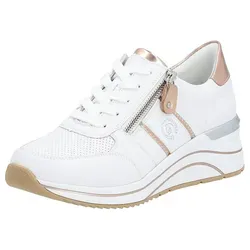 Remonte Damen Keilsneaker in Weiß-Kupfer - Sportliche Keilsneaker aus Leder und Lederimitat mit 5 cm Absatzhöhe, herausnehmbarem Softfußbett und stylishen Metallic-Kontrastbesätzen – ideal für Freizeit und Alltag.