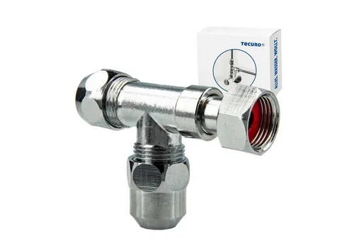 tecuro T-Stück 3/8 Zoll - Abzweigverteiler für Eckventile - Sanitärinstallation mit hochwertigem Messing T-Stück, ideal für flexible Unterverteilung und einfache Montage an Eckventilen.