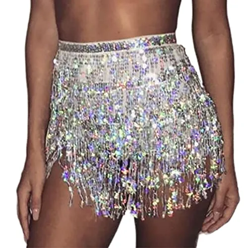 Prosy Bauchtanzrock mit Pailletten für Damen, Quaste, Gürtel, weiblicher Wickelschal, Rave-Musikfestival-Kostüm (Silber)
