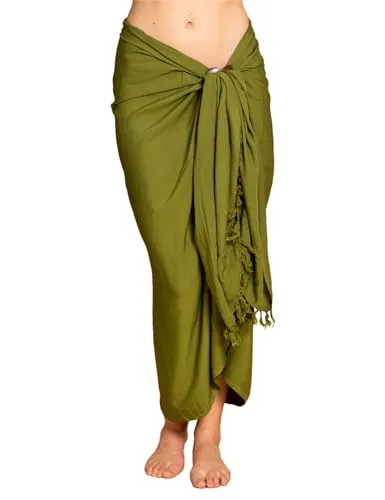 PANASIAM Sarong uni olive, 190x116cm - Pareos & Strandkleider für Damen, aus 100% hochwertigem Viskose-Stoff, blickdicht und vielseitig als Strandtuch, Wickelkleid oder Halstuch verwendbar.