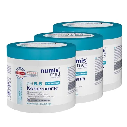 numis med Panthenol Creme für empfindliche Haut 3x400 ml - Bodycremes mit pH 5.5, dermatologisch getestet und ideal für sehr empfindliche Haut - schnell einziehende Formel spendet sofort Feuchtigkeit ohne Silikone und Parabene.