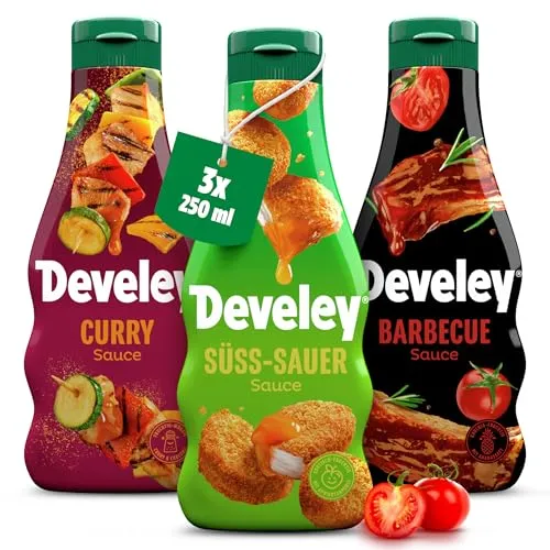 Develey Saucen-Set 3x250ml – Süß-Sauer, Curry & BBQ - Vielseitiges Saucen-Set ohne Konservierungsstoffe in praktischen Squeeze-Flaschen. Ideal für Grillgerichte, asiatische Speisen und Fingerfood – für jeden Geschmack etwas dabei!