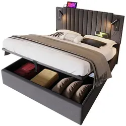 OKWISH Hydraulisches Stauraumbett 140x200 cm mit Lattenrost und Matratze