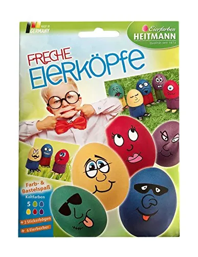 Ostern - Eierfarbe FRECHE EIERKÖPFE mit Eierbechern und Aufklebern (5 Farben / 13 - tlg.) KOMPLETT - SET