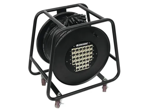 Omnitronic Multicore Stagewheel 24IN/8OUT, XLR 30m - Professionelle Multicore Kabeltrommel für Bühnenanwendungen, bietet 24 Eingänge und 8 Ausgänge mit robustem Design und 30m flexibler Kabellänge für einfache Signalübertragung.