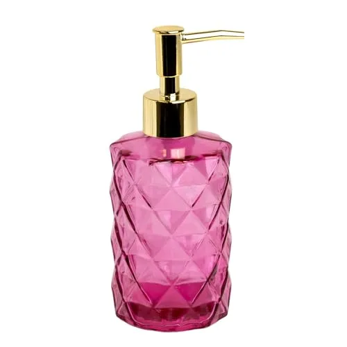 Intirilife Seifenspender aus Glas in Pink mit Karo Muster - 310ml Füllmenge - Spender für Seife Dosierer Handseifenspender für Küche Bad nachfüllbar mit Pumpe