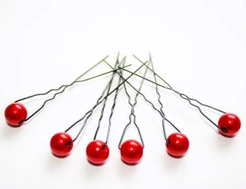 Haarschmuck - 6 x schwarze Haarnadeln mit Perlen in der Farbe rot