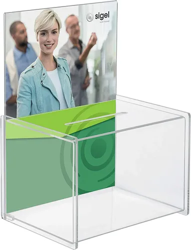 Sigel Aktionsbox VA 150 - Glasklare Acryl-Spendenbox, flexibel beschriftbar mit Einstecktafel A4 für vielseitige Nutzung
