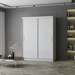 Eleganter Schwebetürenschrank Vista 06 - 150 cm Weiß ohne Spiegel - Kleiderschrank Vista 06: Zweitüriger Schrank mit stabiler Kleiderstange und geräumigen Einlegeböden. Ideal für eine stilvolle und funktionale Ordnung in Ihrem Schlafzimmer.