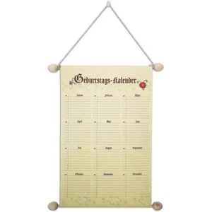 RNK Geburtstagskalender 2886 - Traditioneller Wandkalender für das ganze Jahr - Immerwährender Kalender für Geburtstage und Jahrestage, 12 Monate auf 1 Seite. Hochwertiges Design mit Naturholzstäben und roter Kordel - ideal für die Wand!