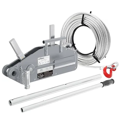 Wiltec Seilzug 1600 kg - Handseilwinde mit 20 m Stahl-Seil - Handwinden für anspruchsvolle Aufgaben, hohe Traglast von 1600 kg und 20 m lange Seil für vielseitige Anwendungen wie Fahrzeugbergung und Baumfällung.