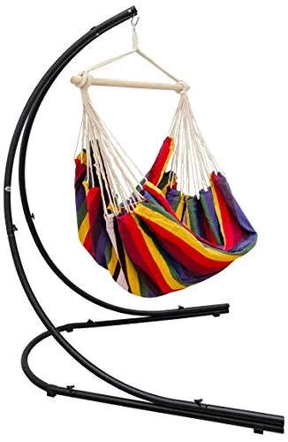 XXL Hängesessel mit Gestell für 2 – Hängestuhl im Regenbogen-Design - Hängematten & Hängestühle: Entspanne im XXL Hängesessel aus 100% Baumwolle, ideal für zwei Personen. Mit stabilem Gestell und 360° Drehfunktion für perfekten Komfort drinnen und draußen.