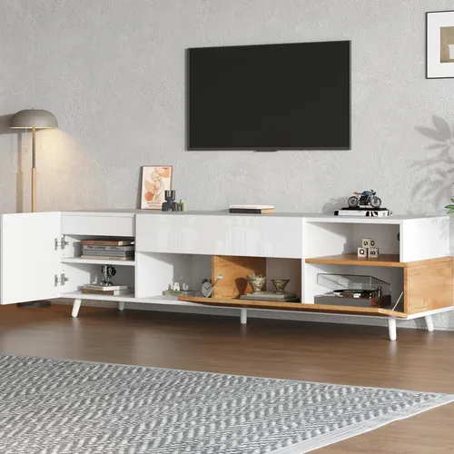 okwish Lowboard 180cm mit Schublade,TV-Sideboard mit 7 Ablagefächern,Fernsehschrank 75 Zoll mit Tür,Fernsehbank Hochglanz,Weiß