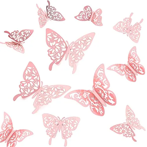 Tianorcan 24 PCS 3D Schmetterlinge Deko, Schmetterling Aufkleber Dekoration Wandtattoo Abnehmbare Wandaufkleber Heimdeko Wand Deko (Rosé gold)